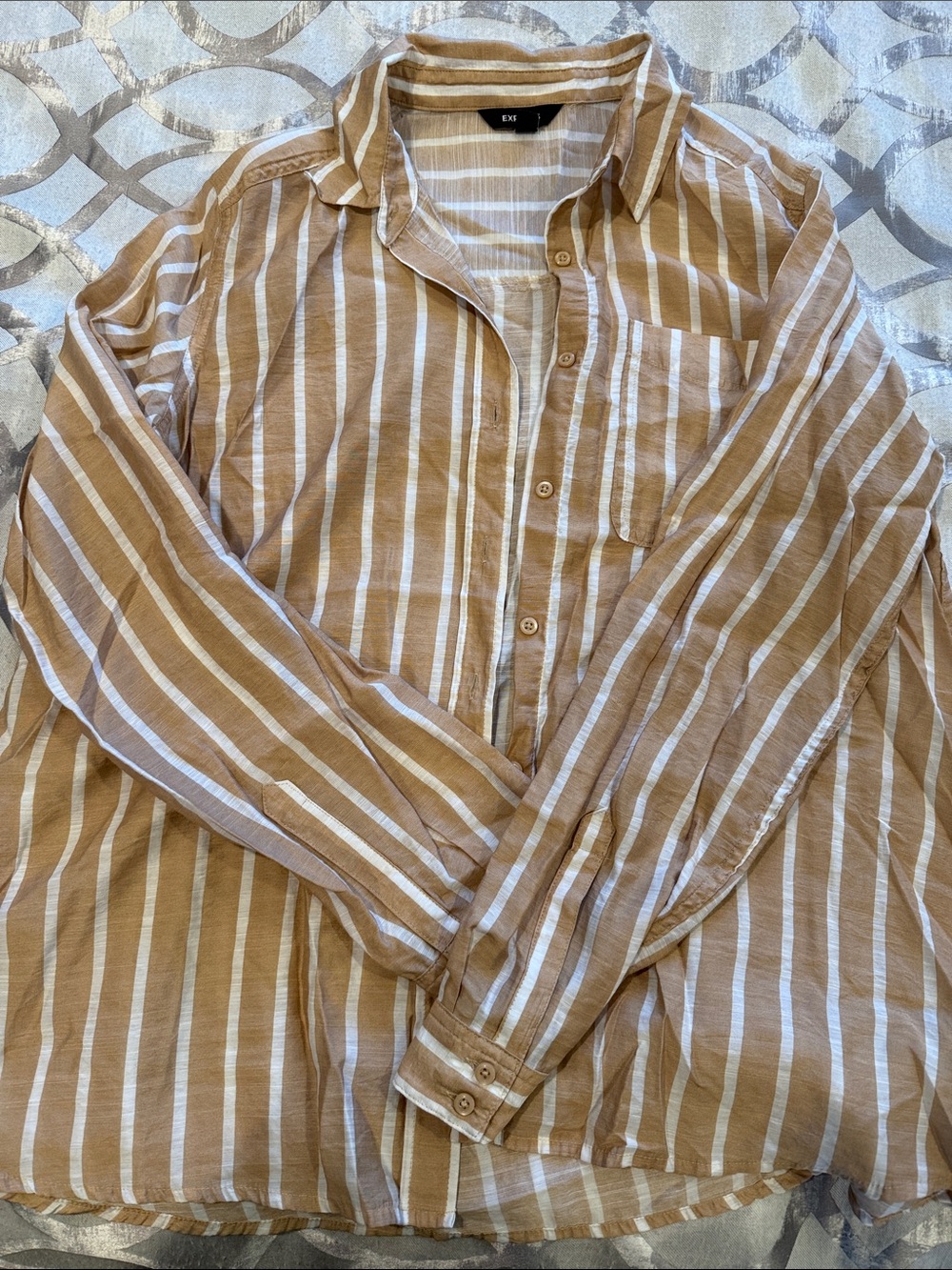 Express Men’s Tan & White Vertical Stripe Button-Down Shirt
